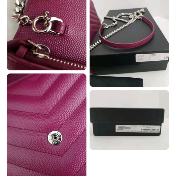 SAINT LAURENT YSL Magenta Grain Leather Chevron Envelope WOC Wallet on Chain - Picture 5 of 5